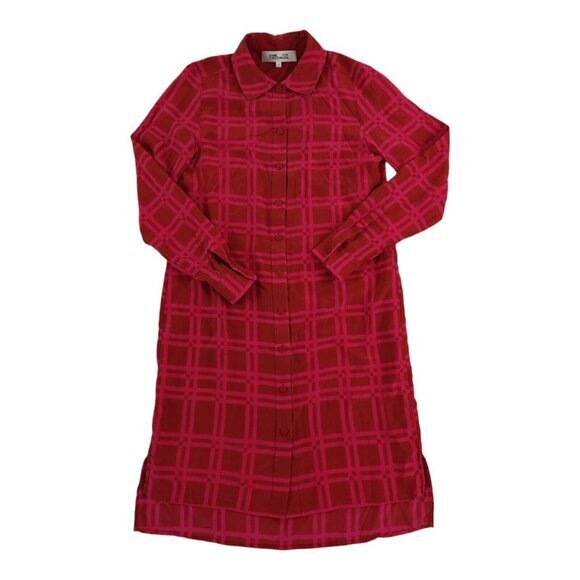 Diane Von Furstenberg Red Plaid Silk Long Sleeve Button Up Shirt Dress Size 2 - Picture 1 of 8